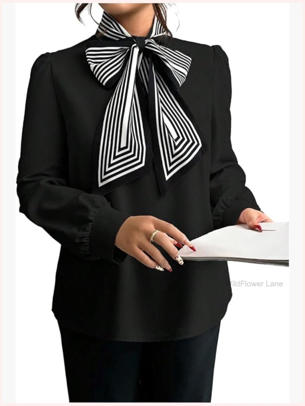Bow Tie Blouse Dressy Long Sleeve Business Work Top Striped